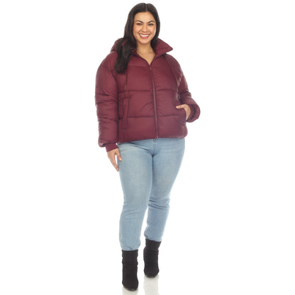 Full Front Zip Hooded Bomber Puffer Coat - Plus