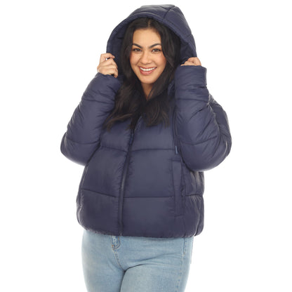 Full Front Zip Hooded Bomber Puffer Coat - Plus