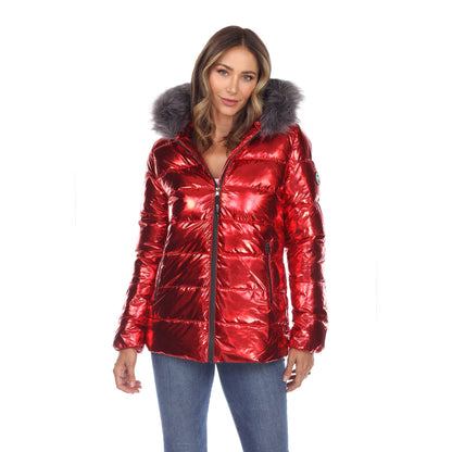 Women's Metallic Puffer Coat with Hoodie - DressbarnCoats & Jackets