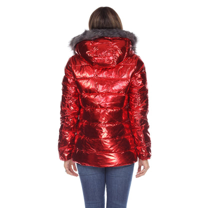 Women's Metallic Puffer Coat with Hoodie