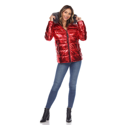 Women's Metallic Puffer Coat with Hoodie