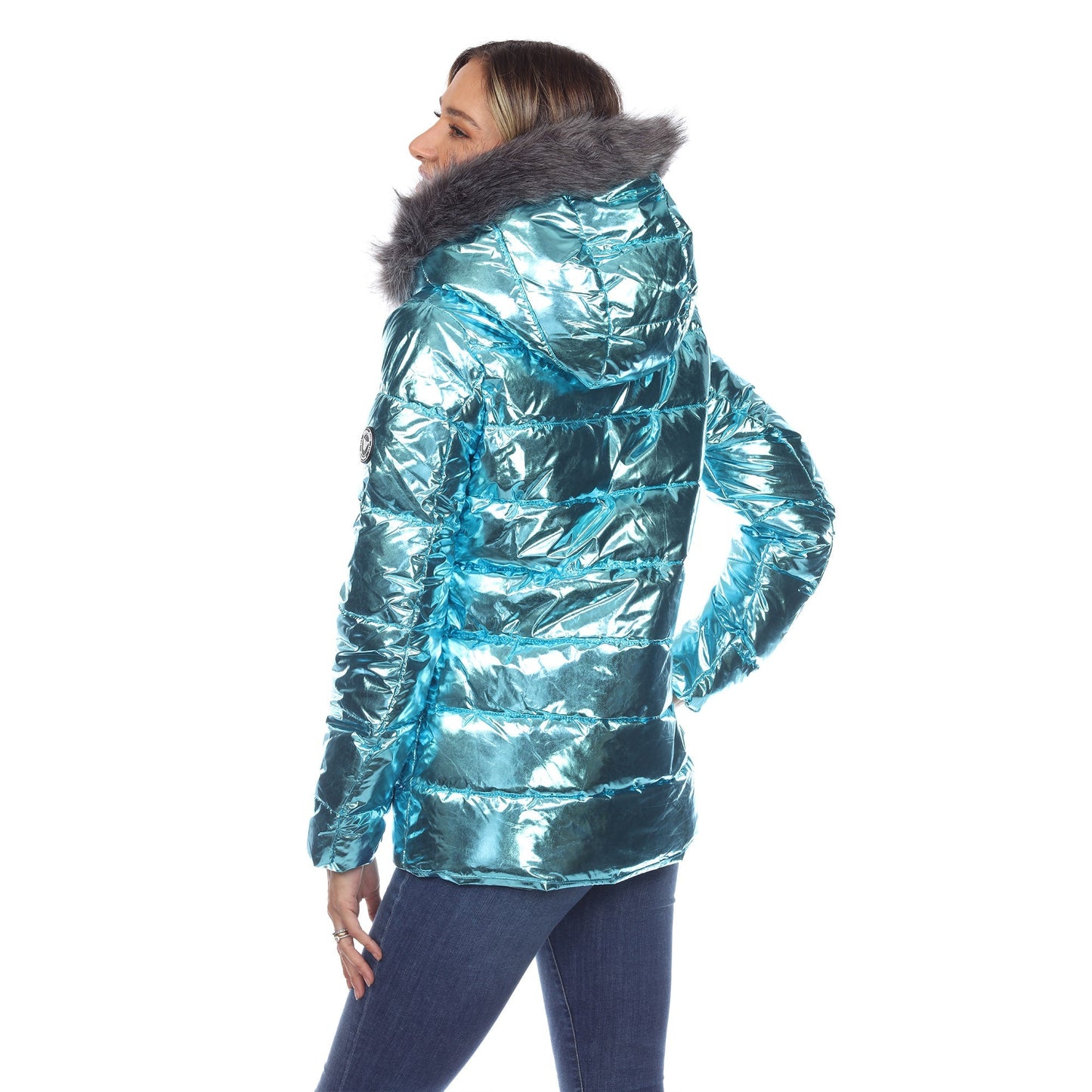 Women's Metallic Puffer Coat with Hoodie