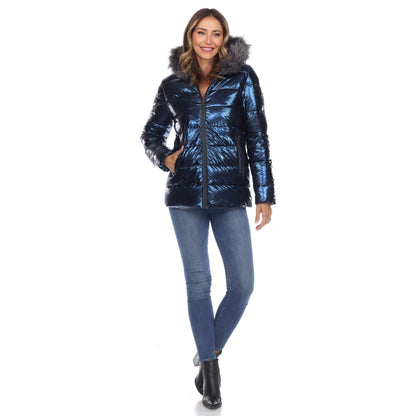 Women's Metallic Puffer Coat with Hoodie