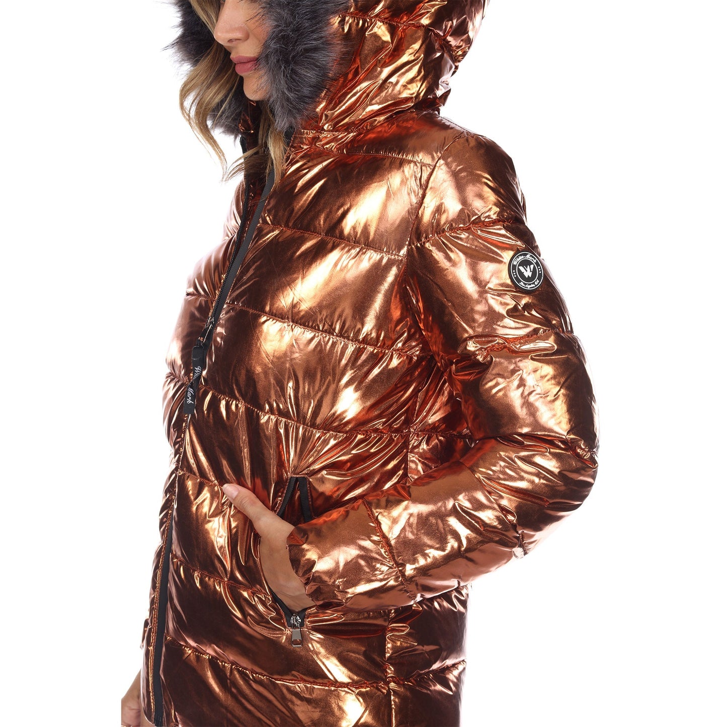 Women's Metallic Puffer Coat with Hoodie