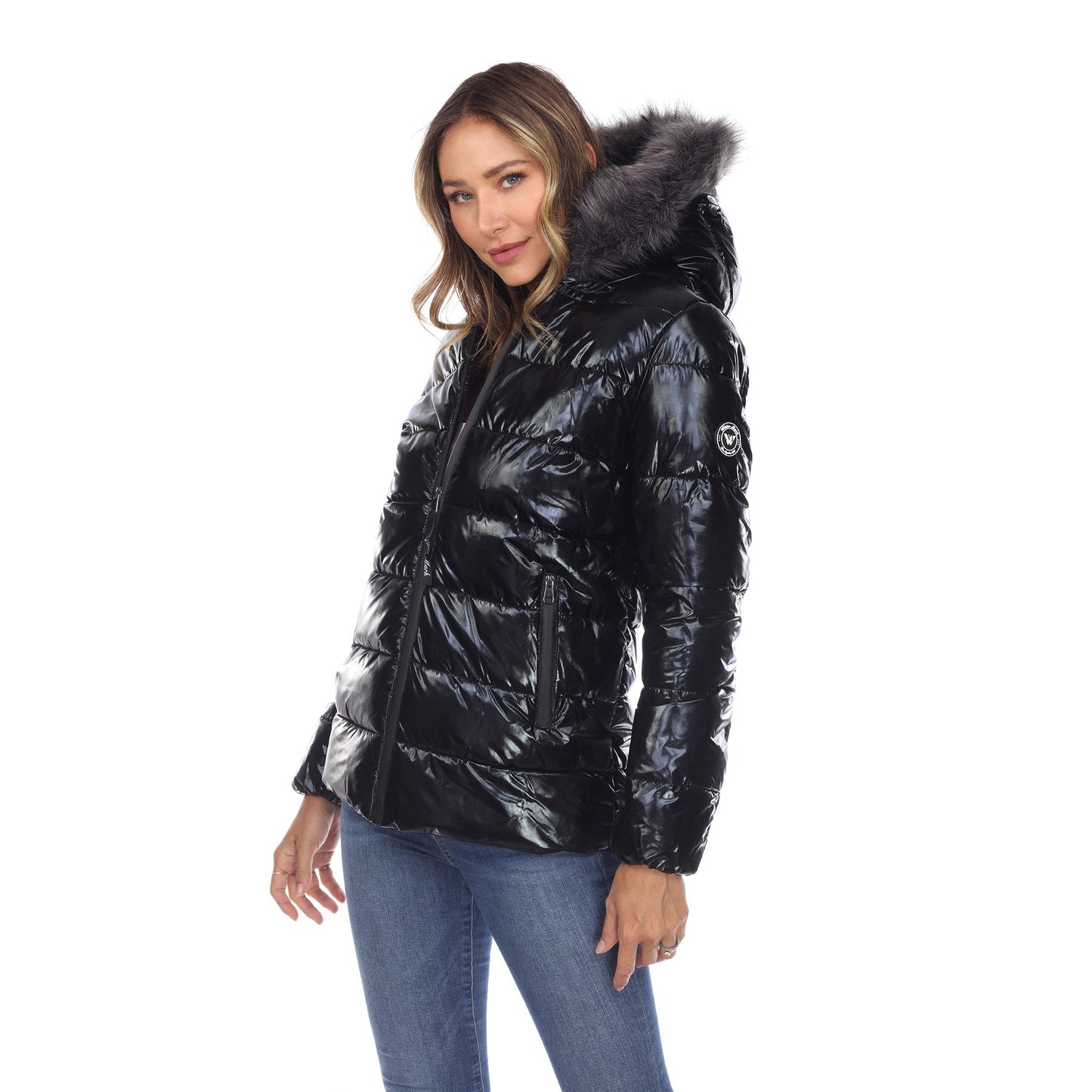 Women's Metallic Puffer Coat with Hoodie