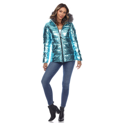 Women's Metallic Puffer Coat with Hoodie