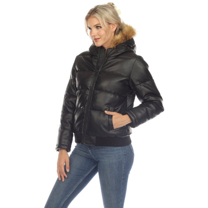 Women's Removable Fur Hoodie Bomber Leather Jacket