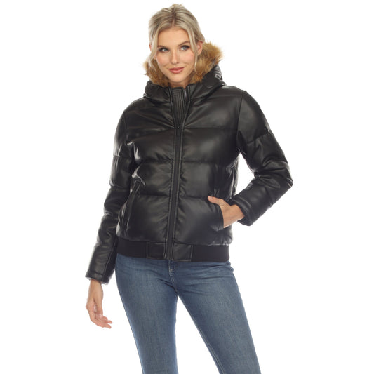 Women's Removable Fur Hoodie Bomber Leather Jacket - DressbarnCoats & Jackets